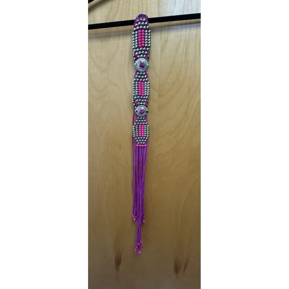 Vintage Charmant Belt Long tussles Pink, Bright Velvet With Metal Beads Western